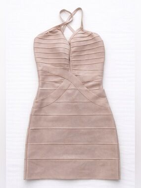 Nude Bandage Bodycon Dress XS | Halter Crisscross Mini Dress | Sculpting Fit